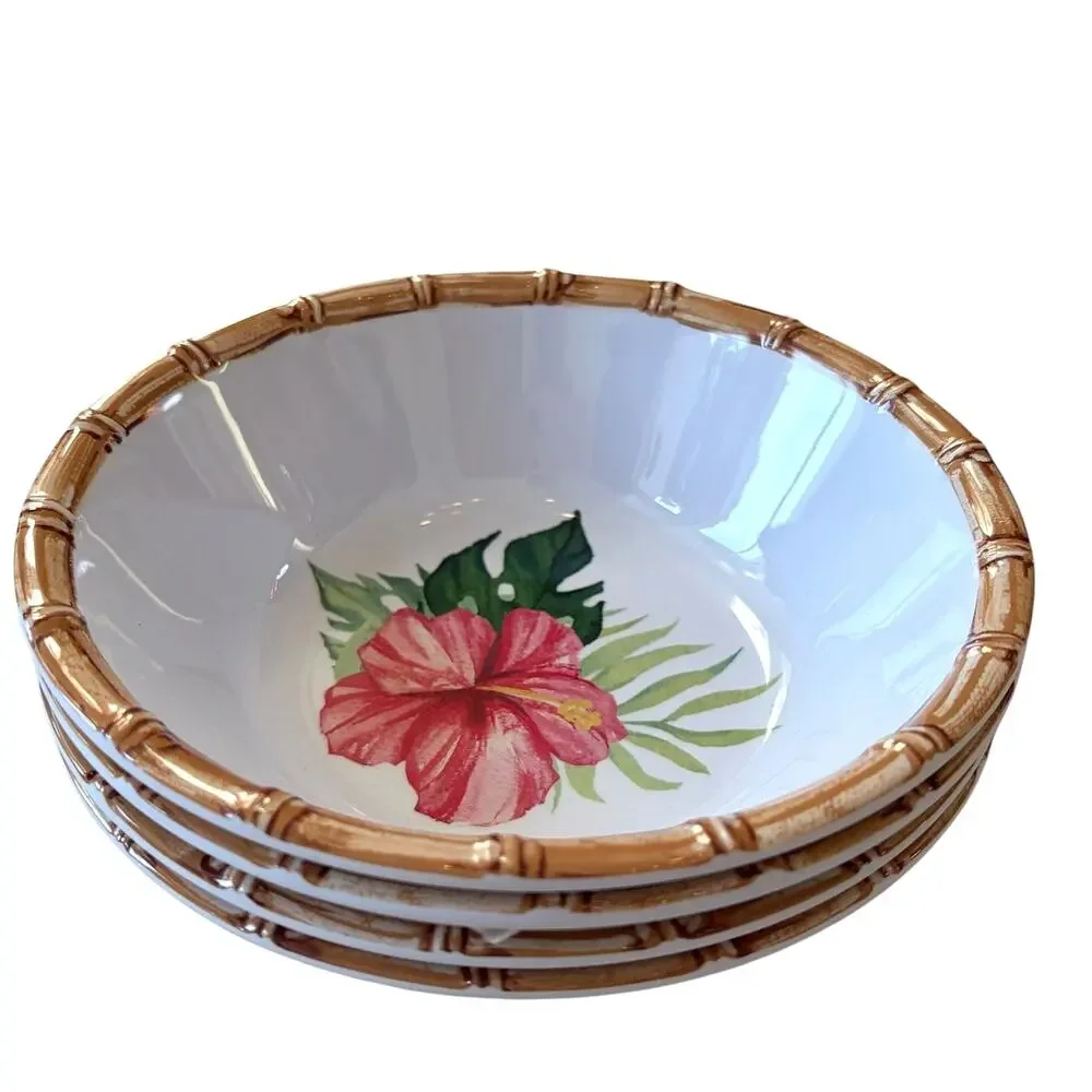 4pc Tropical Hibiscus Melamine Salad Bowls 7.5in Bamboo Rim Indoor Outdoor NEW